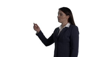Business woman during presentation talking to camera and showing ...