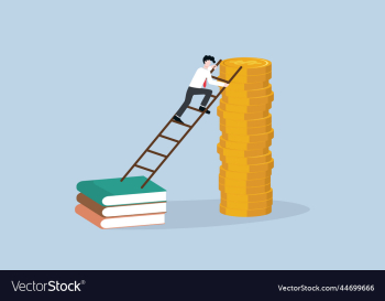 businessman climb up from books to coin stack businessman climb up from books to coin stack