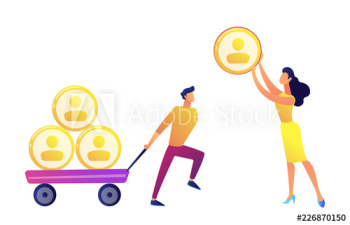 Businessman pulling cart with people profiles pyramid and woman giving one vector illustration