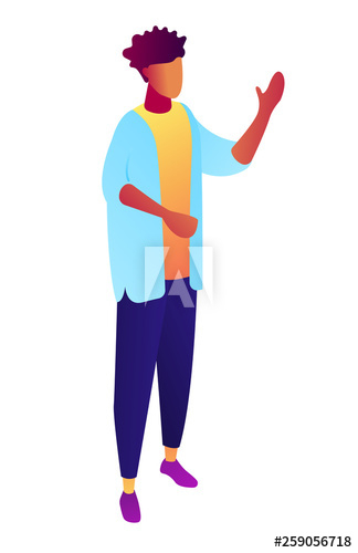 Businessman standing and raising his hand, tiny people isometric 3D illustration