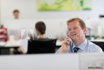Businessman talking on telephone in office Businessman talking on telephone in office