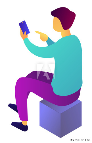 Businessman using smartphone sitting on cube, tiny people isometric 3D illustration