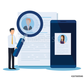 businesspeople with curriculum vitae and magnifying glass