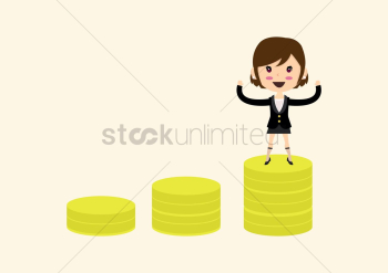 Businesswoman standing on a stack of coins Businesswoman standing on a stack of coins