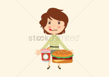 Businesswoman with a burger and soft drink Businesswoman with a burger and soft drink