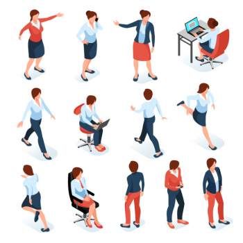 Businesswomen isometric colored set of female characters in different poses at work place isolated on white background Free Vector
