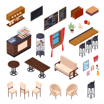 Cafe interior restaurant pizzeria bistro canteen isometric elements set of isolated furniture and shop display images vector illustration Free Vector