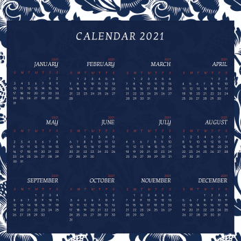 Calendar 2021 yearly printable with William Morris blue floral pattern Calendar 2021 yearly printable with William Morris blue floral pattern