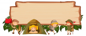 Camping kids on wooden banner Camping kids on wooden banner