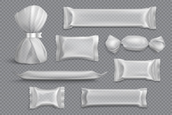 Candy packaging supplies products blank mockup samples collection on transparent  with foil wrappers realistic Free Vector