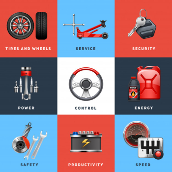 Car auto service safety control for trucks and cargo vehicles equipment flat icons set abstract isolated vector illustration Free Vector