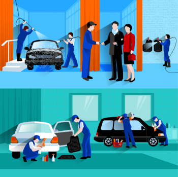 Car wash full service center 2 flat banners with customers and waterless detailers spray