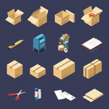 Cardboard delivery boxes and tools for packaging isometric icons set isolated Free Vector