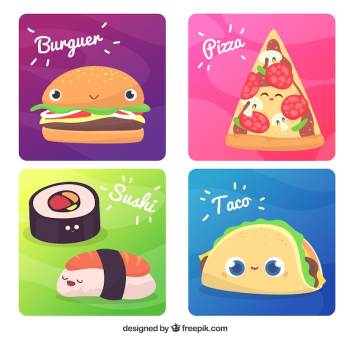 Cards collection with food cartoons Cards collection with food cartoons