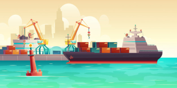 Cargo ship loading in port cartoon illustration Free Vector Cargo ship loading in port cartoon illustration Free Vector