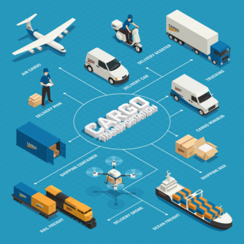 Cargo transportation isometric flowchart with various vehicles and shipping containers on blue Free Vector