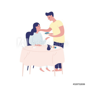 Caring man bringing serving food to pregnant woman vector flat illustration