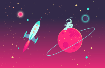  Cartoon Astronaut on Planet and Rocket in Outer Space 