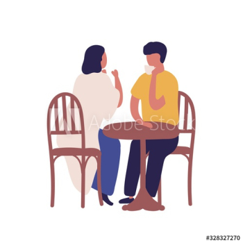 Cartoon couple drinking coffee together sitting at table isolated on white background