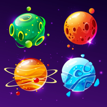 Cartoon fantastic planet, worlds asteroid set. Cosmic, alien space element for game