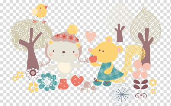 Cartoon Illustration, Hand-painted flowers cute cartoon animals, trees transparent background PNG clipart