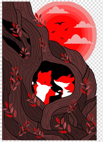 Cartoon Illustration, The fox in the tree cave transparent background PNG clipart Cartoon Illustration, The fox in the tree cave transparent background PNG clipart