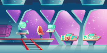 cartoon interior of spaceship, cockpit with control panels and handwheel. 