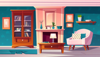 Cartoon luxury cabinet with fireplace and molding on wall Cartoon luxury cabinet with fireplace and molding on wall