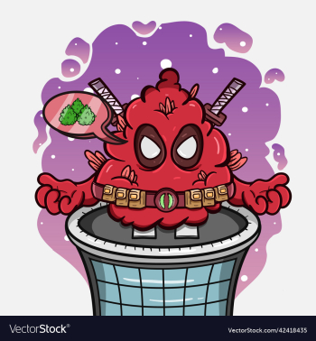 cartoon mascot of weed bud with red superhero