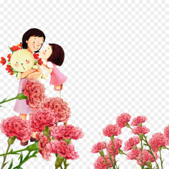 Cartoon Mothers Day Woman Illustration - Pink, warm carnations, teacher's Day 