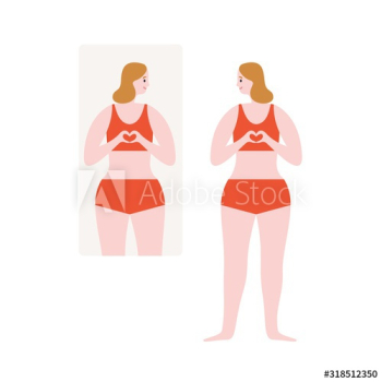 Cartoon smiling woman looking at mirror vector flat illustration Cartoon smiling woman looking at mirror vector flat illustration