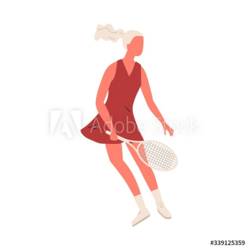 Cartoon sportswoman hold racket playing big tennis isolated on white background