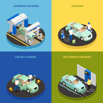Carwash concept icons set with self service car wash symbols isometric isolated Free Vector