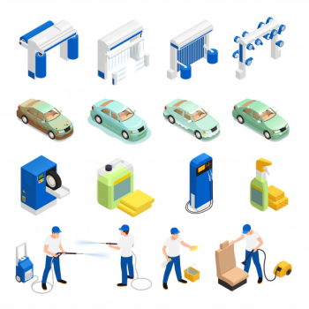 Carwash icons set with automatic car wash symbols isometric isolated Free Vector
