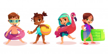 Caucasian, african-american, arabic and indian child in swimsuit with inflatable swimming ring or mattress cartoon vector characters set isolated white background. preschooler kids on summer leisure Free Vector
