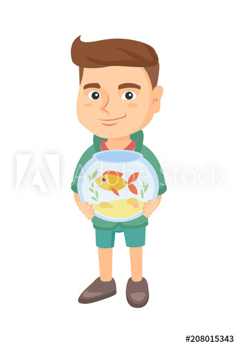 Caucasian boy holding aquarium with goldfish Caucasian boy holding aquarium with goldfish