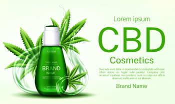 Cbd cosmetics bottle with water splashes and cannabis leaves banner Free Vector