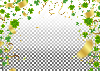 Celebration Happy St. Patrick's day lettering on sparkling dark green clover shamrock leaves background. Abstract Irish holiday backdrop or poster. Balloon Vector illustration