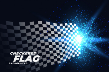 Checkered racing flag with blue lights particles background Free Vector