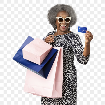 Cheerful black senior woman with shopping | Free PNG Sticker - rawpixel