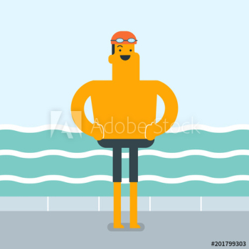 Cheerful caucasian white sportsman standing on the background of swimming pool