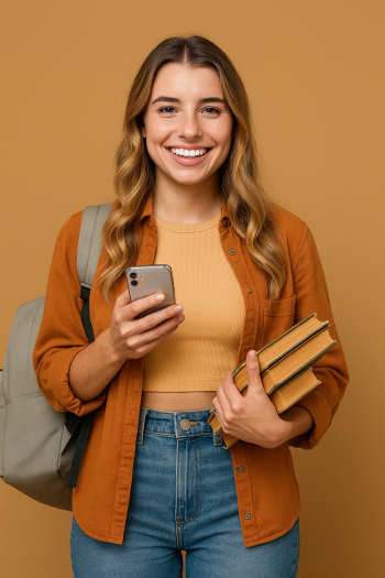 Cheerful Student with Books and Phone Cheerful Student with Books and Phone