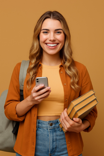 Cheerful Student with Books and Smartphone Cheerful Student with Books and Smartphone
