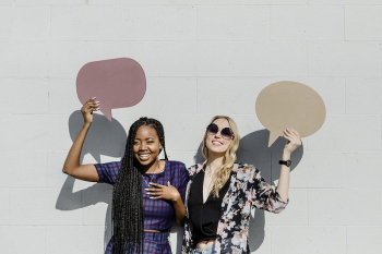 Cheerful women showing blank speech | Free PSD Mockup - rawpixel