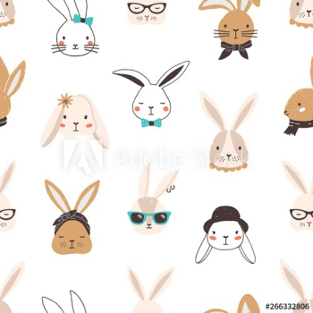 Childish seamless pattern with funny bunny faces on white background Childish seamless pattern with funny bunny faces on white background