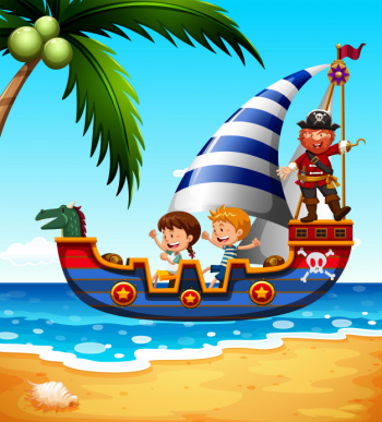 Children on the ship with pirate Free Vector