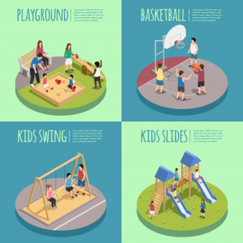 Children playground isometric compositions including kids in sandbox, basketball game, swings and slides isolated Free Vector