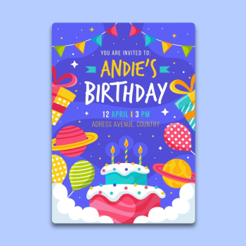 Children's birthday card template with cake and planets Free Vector Children's birthday card template with cake and planets Free Vector