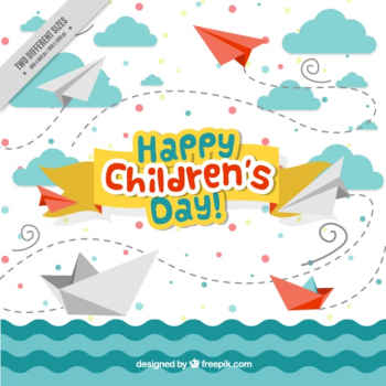 Children's day enjoyable background of sea with boats and origami airplanes Free Vector