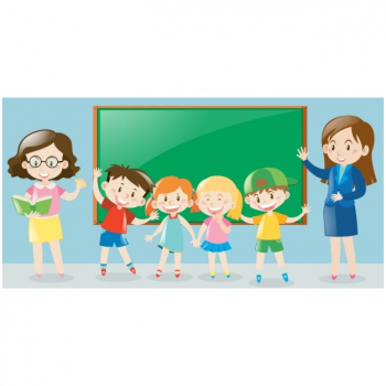 Children's scene with blackboard and teachers